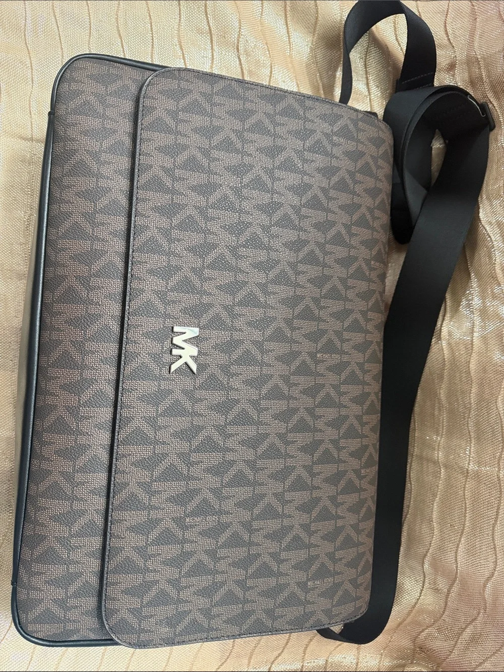 Michael Kors Brown MK Signature Canvas Messenger Bag with Black Strap